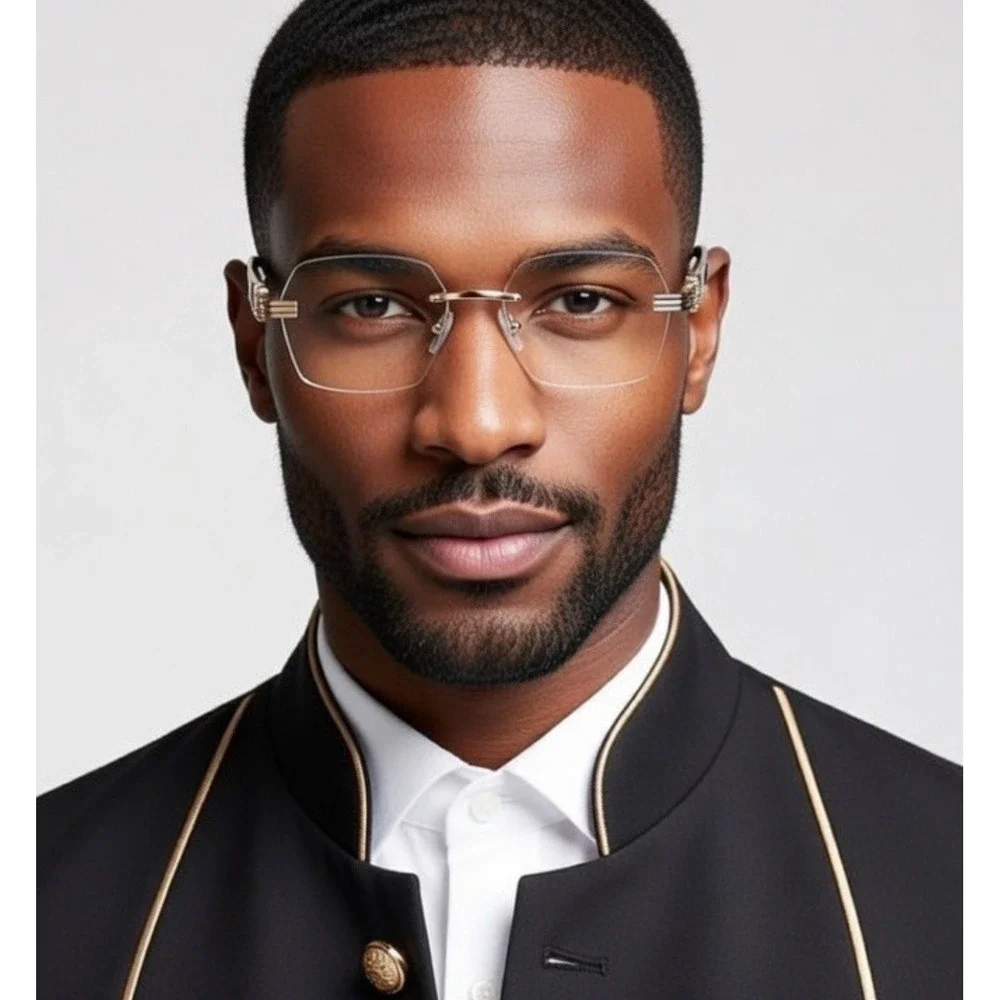 Mens Rimless Octagon Sunglasses Gold Black Clear Lens Geometric Luxury Eyewear‎
